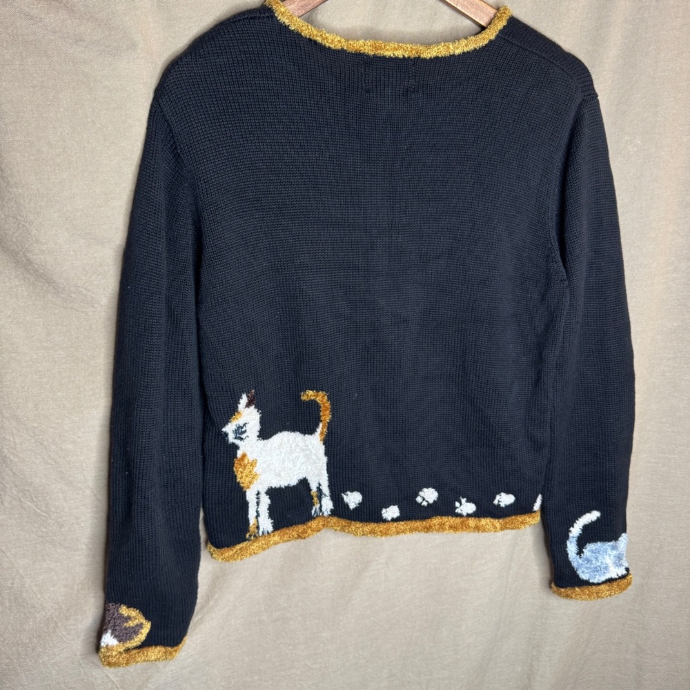 GrandmaCore Cat Zip Up Cardigan Black Hand Embroidered Fuzzy Medium - Picture 6 of 8